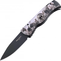 Автоматический складной нож Pro-Tech TR-2.4H1. Bruce Show Skull, клинок черный, сталь 154CM, рукоять алюминий, рисунок скелеты пиратов купить в Мытищах