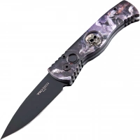 Автоматический складной нож Pro-Tech TR-2.4H1. Bruce Show Skull, клинок черный, сталь 154CM, рукоять алюминий, рисунок скелеты всадников купить в Мытищах