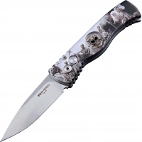 Автоматический складной нож Pro-Tech TR-2.4H1. Bruce Show Skull, клинок Stonewash, сталь 154CM, рукоять алюминий, рисунок скелеты пиратов купить в Мытищах
