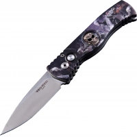 Автоматический складной нож Pro-Tech TR-2.4H1. Bruce Show Skull, клинок Stonewash, сталь 154CM, рукоять алюминий, рисунок скелеты всадников купить в Мытищах